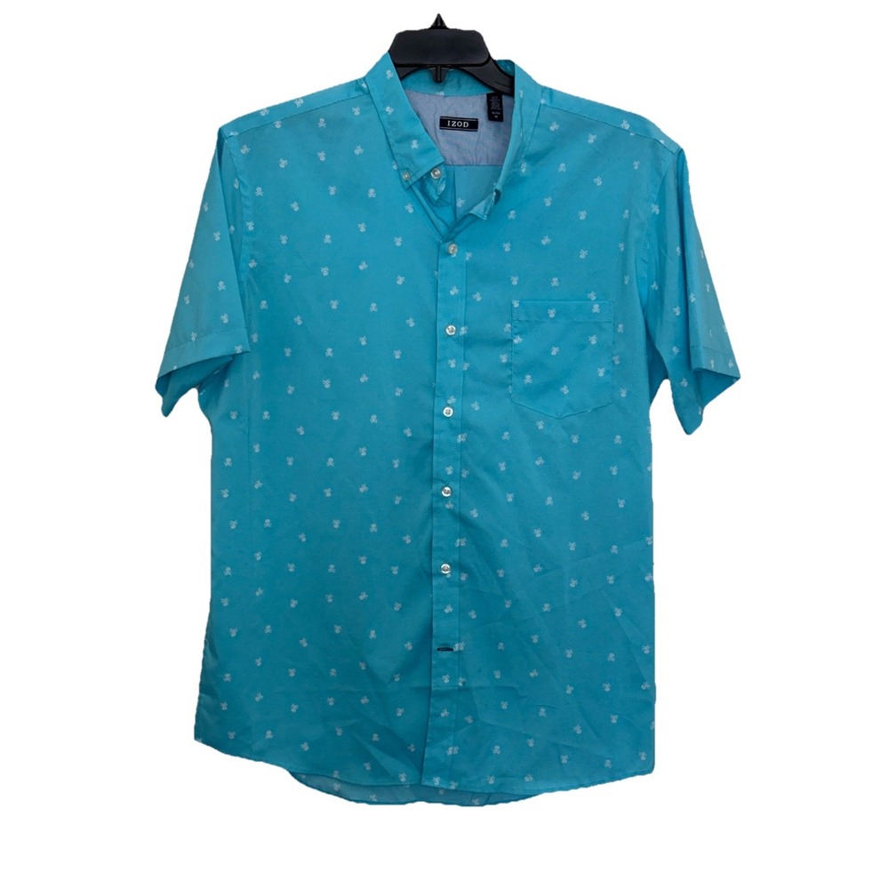 IZOD Short Sleeve Button-Up Shirt Mens XL Lt.Blue w/Skull AOP Stretch Casual